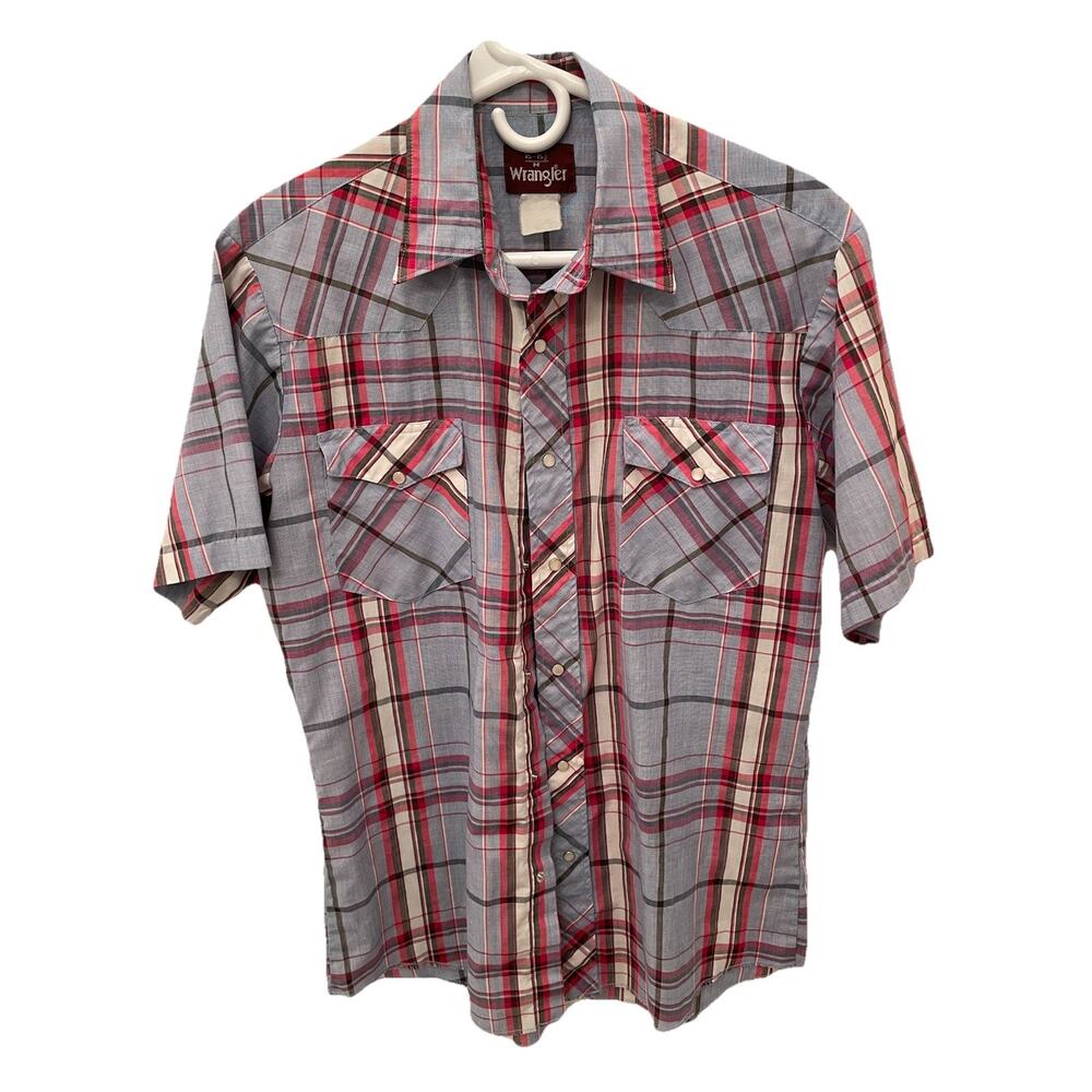 Vintage Wrangler Shirt Mens Medium 15-15 1/2 Pearl Snaps Rodeo Plaid Western